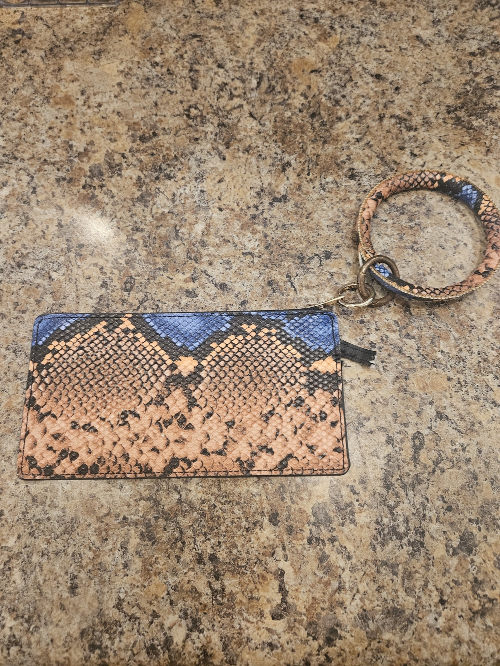 Snake-Print Wristlet Card Holder in Tan and Blue